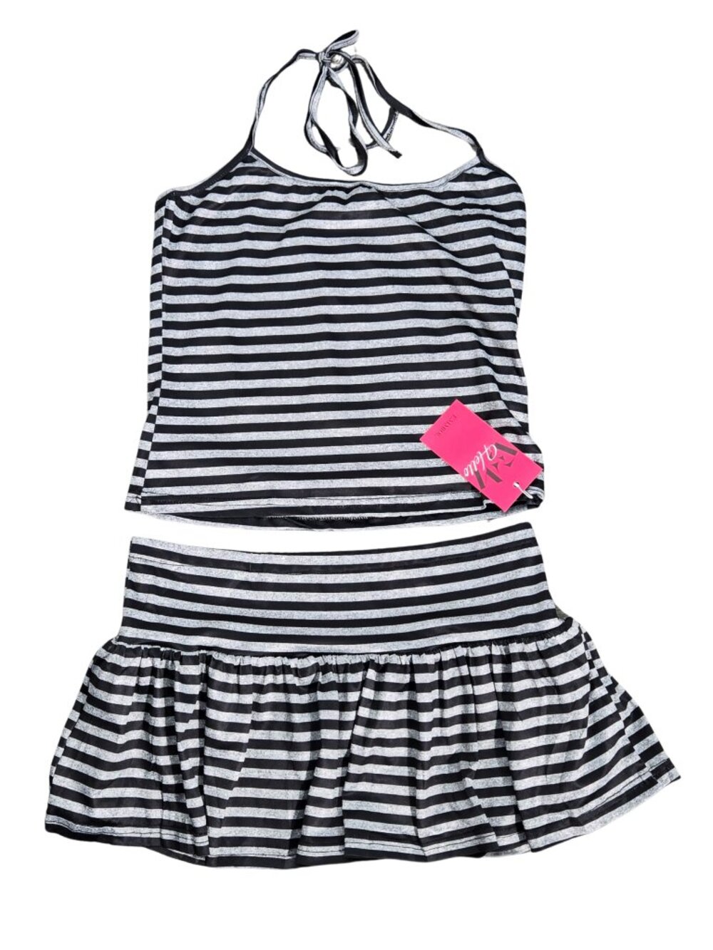NWT | Black & Gray Striped Halter Neck Tank & Ruffled Mini Skort Set | XLarge
